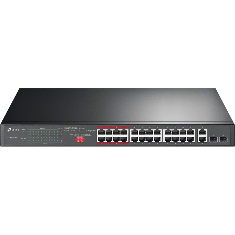TP-Link 24 Port 10/100Mbps Fast Ethernet PoE Switch 24 PoE+ Ports @250W, w/ 2 Uplink Gigabit Ports + 2 Combo SFP Slots Limited Lifetime Protection Extend Mode Priority Mode (TL-SL1226P)