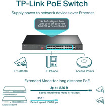 TP-Link 24 Port 10/100Mbps Fast Ethernet PoE Switch 24 PoE+ Ports @250W, w/ 2 Uplink Gigabit Ports + 2 Combo SFP Slots Limited Lifetime Protection Extend Mode Priority Mode (TL-SL1226P)