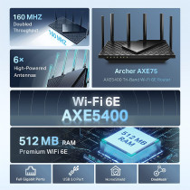 TP-Link AXE5400 Tri-Band Wi-Fi 6E Router, Wi-Fi Speed up to 5400 Mbps, 5x Gigabit Port, 1 USB 3.0 Port, 1.7 GHz Quad-Core CPU, with TP-Link OneMesH and HomeShield, Compatible with Alexa(Archer AXE75)