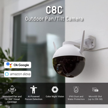 Ezviz C8C Security Camera, Outdoor PT Surveillance Camera 1080p WiFi with 360 Visual Coverage, Color Night Vision, IP65 Waterproof, Motion Detection, Audio Pick Up, Support 256GB SD Card