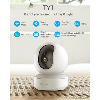 Ezviz 1080P Full HD CCTV Camera for Home, Baby Pet Monitor with Motion Detection, Smart Tracking, Smart Night Vision, 2-Way Audio, Compatible with Alexa(TY1)