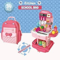 Little Story Role Play Chef/Kitchen/Restaurant Toy Set School Bag (34 Pcs) - Pink, 2-In-1 Mode For 3Years+, Unisex (LS_RPSB_KTPI)