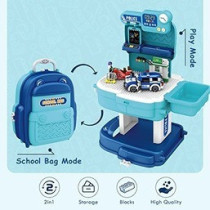 Little Story Role Play Police Station With Police Car And Block Toy Set School Bag (219 Pcs) - Blue, 2-In-1 Mode For 3Years+, Unisex (LS_BLSB_POBU)