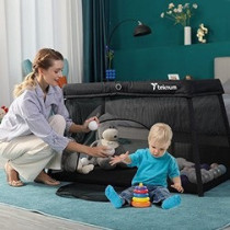 Teknum Portable Quick fold Playard & Cot with Zipper Door & Carry Bag - Midnight Black For 0-3Years, Unisex (TK_QFPP_BK)