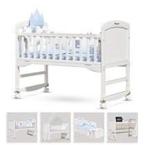Teknum - 7-in-1 Convertible Kids Bed & Bedside Crib w/ Mattress, Mosquito net & Detachable Wheels(0-12yrs)-White For 0-12Years, Unisex (TK_WBSC_WH)