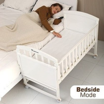 Teknum - 7-in-1 Convertible Kids Bed & Bedside Crib w/ Mattress, Mosquito net & Detachable Wheels(0-12yrs)-White For 0-12Years, Unisex (TK_WBSC_WH)
