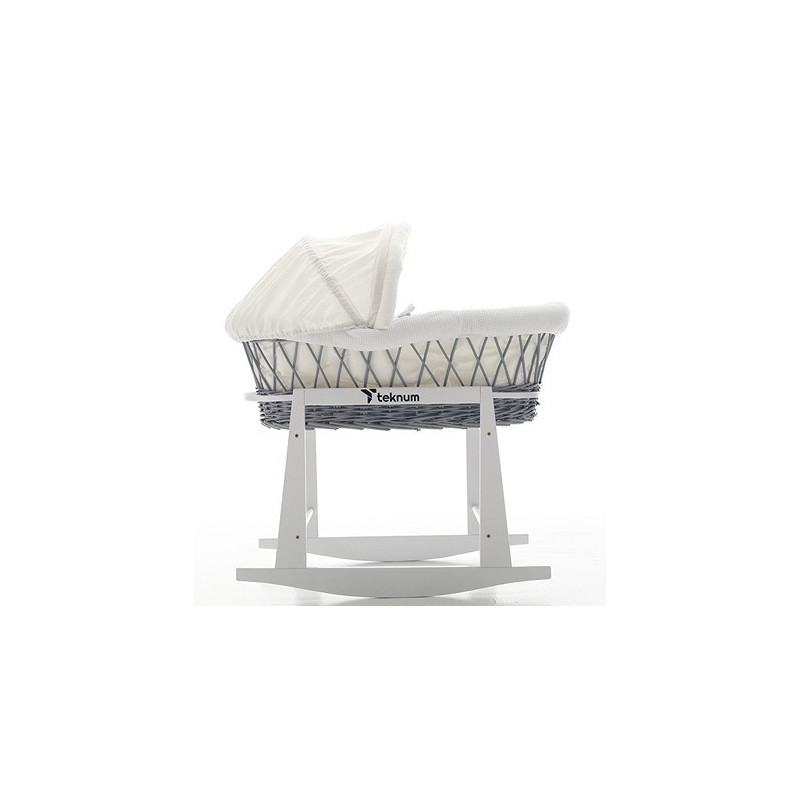 Teknum Infant Wicker Moses Basket with White Waffle Beddings & White Rocker Stand - Wooden Grey