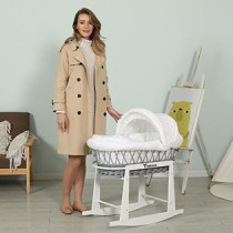 Teknum Infant Wicker Moses Basket with White Waffle Beddings & White Rocker Stand - Wooden Grey 
