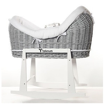 Teknum Infant Wicker Pod Moses Basket with White Waffle Beddings & White Rocker Stand - Wooden Grey 