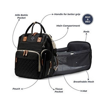 Little Story - Diaper Bag wt portable bassinet bed & pacifier pouch - Black