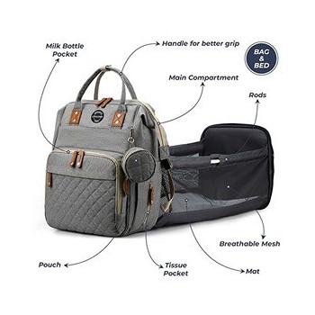 Little Story - Diaper Bag wt portable bassinet bed & pacifier pouch - Grey