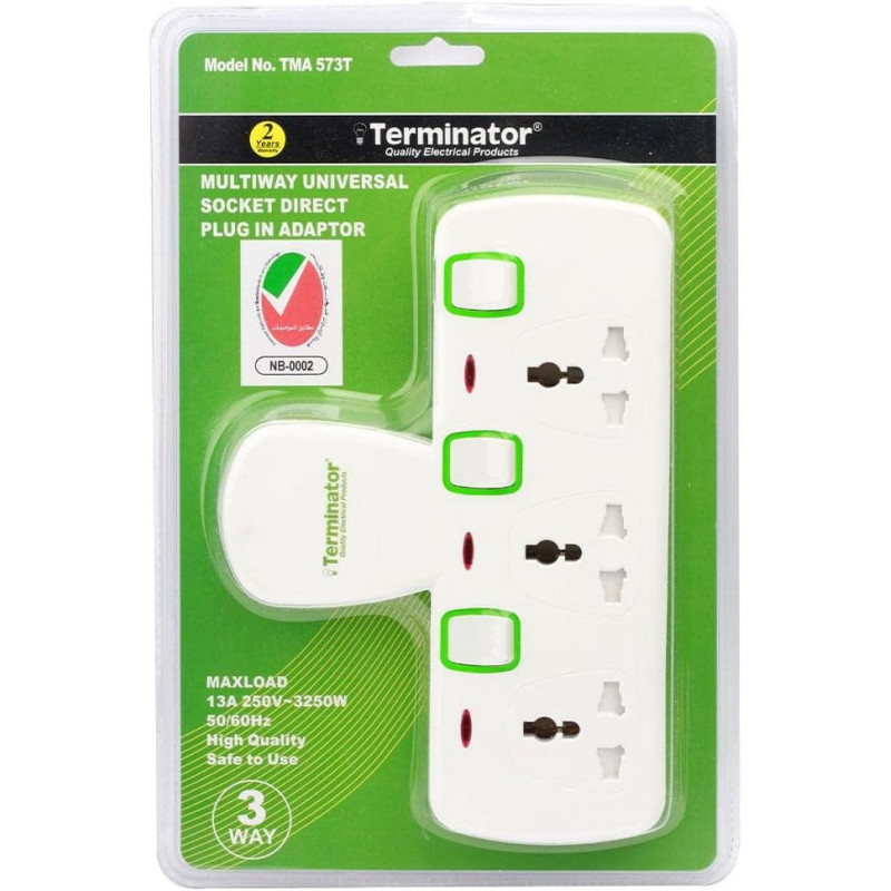 TERMINATOR 3 Way Universal Plug Sockets Extension Cords