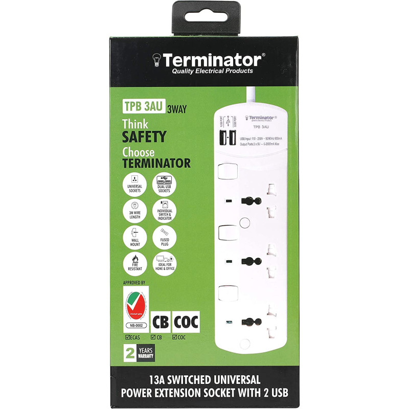 TERMINATOR Extension 3G/3M + 2 Usb Tpb 3Au Universal Socket With Individual Switches & Indicators, Multicolor, Trz-Tpb 3Au, Extension Socket