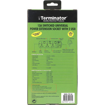 TERMINATOR Extension 3G/3M + 2 Usb Tpb 3Au Universal Socket With Individual Switches & Indicators, Multicolor, Trz-Tpb 3Au, Extension Socket