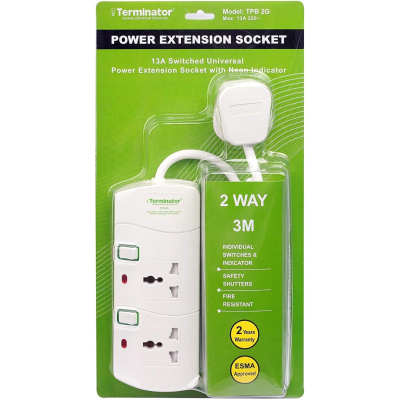 TERMINATOR 2 way Universal Power Extension Socket, 3M 3X1.25MM2, White Colour Body & Cable With Individual Switch 13A Fused Plug