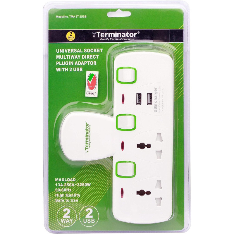 TERMINATOR 2 Way Universal T Socket With 2Usb, 2.1Ah Individual Switch And Indicator Fused In White, Tma 2T-2Usb