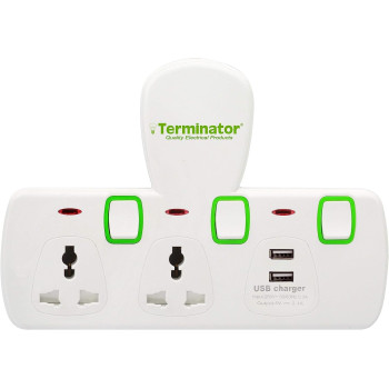 TERMINATOR 2 Way Universal T Socket With 2Usb, 2.1Ah Individual Switch And Indicator Fused In White, Tma 2T-2Usb