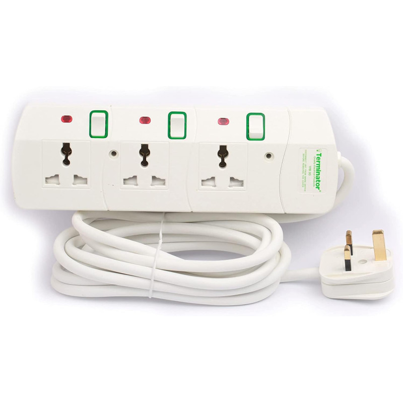 TERMINATOR 3 Way Universal Power Extension Socket, 5M 3X1.25MM2,White Colour Body & Cable With Individual Switch 13A Fused Plug