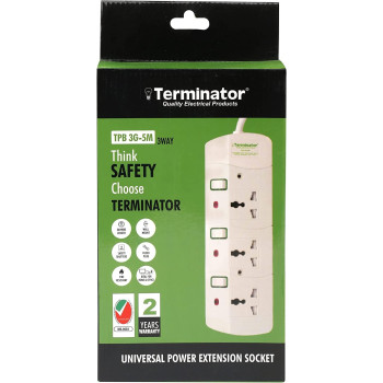 TERMINATOR 3 Way Universal Power Extension Socket, 5M 3X1.25MM2,White Colour Body & Cable With Individual Switch 13A Fused Plug