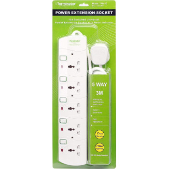TERMINATOR Universal Power Extension Socket, White Colour Body & Cable With Individual Switch 13A Uk 3-Pin Fused Plug (TPB 5G)