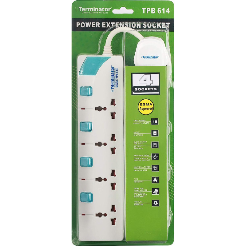 TERMINATOR TPB 614 4 Way Universal Power Socket, 3 Meter Cable Length, White