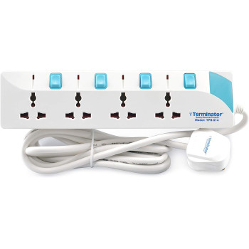 TERMINATOR TPB 614 4 Way Universal Power Socket, 3 Meter Cable Length, White