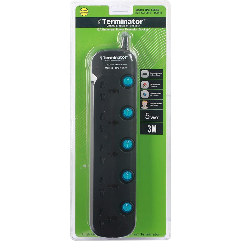 TERMINATOR Extension 5G/3 Meter TPB 625AB Universal Socket, Black