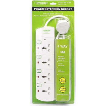 TERMINATOR 4 Way Universal Power Extension Socket, 5M 3X1.25Mm2, White Colour Body & Cable With Individual Switch 13A Fused Plug