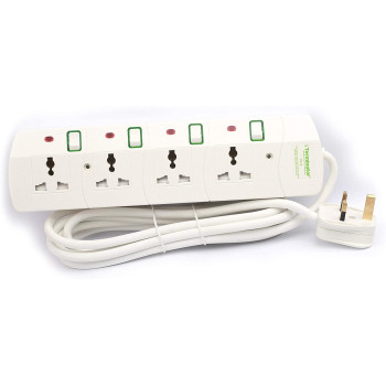 TERMINATOR 4 Way Universal Power Extension Socket, 5M 3X1.25Mm2, White Colour Body & Cable With Individual Switch 13A Fused Plug