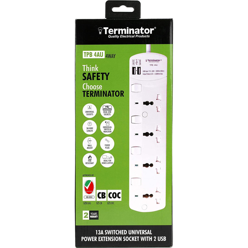 TERMINATOR Extension 4G/3M + 2 USB TPB 4AU Universal Socket W/Individual Switches & Indicators