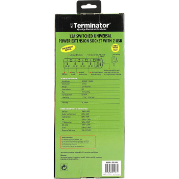 TERMINATOR Extension 4G/3M + 2 USB TPB 4AU Universal Socket W/Individual Switches & Indicators
