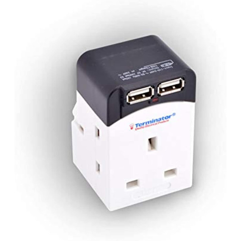 TERMINATOR Multi Adaptor 3 Way Socket With 2000mA 2USB Sockets 13A Plug