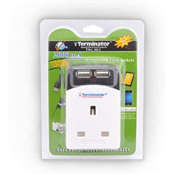 TERMINATOR Multi Adaptor 3 Way Socket With 2000mA 2USB Sockets 13A Plug