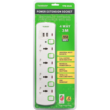 TERMINATOR 4 Way Universal Power Socket With 2 USB