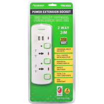 TERMINATOR Two Way 3 Meter 2 USB ESMA Approved Universal Power Extension Socket with Individual Neon Light Switches