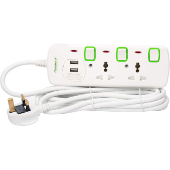 TERMINATOR Two Way 3 Meter 2 USB ESMA Approved Universal Power Extension Socket with Individual Neon Light Switches