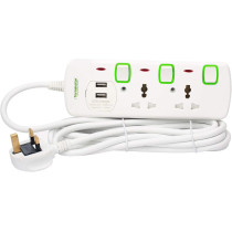TERMINATOR Two Way 3 Meter 2 USB ESMA Approved Universal Power Extension Socket with Individual Neon Light Switches