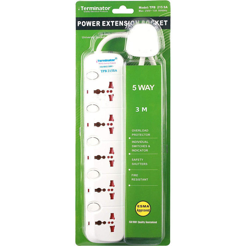 TERMINATOR TPB 215SA 5 Way Universal Power Extension Socket with Cable, 3 m Cable Length, White