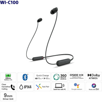 SONY WI C100 Wireless in Ear Bluetooth Headphones with Built in Microphone, Black, WIC100/B, WI-C100-Black, Small