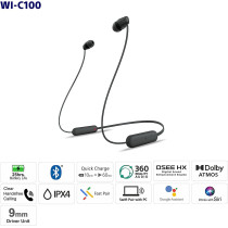 SONY WI C100 Wireless in Ear Bluetooth Headphones with Built in Microphone, Black, WIC100/B, WI-C100-Black, Small