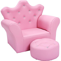 Costzon Kids Sofa, PU Leather Princess Sofa With Embedded Crystal, Upholstered Armchair With Ottoman, Perfect For Girls (Pink/ Sofa With Ottoman)