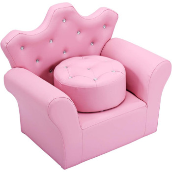 Costzon Kids Sofa, PU Leather Princess Sofa With Embedded Crystal, Upholstered Armchair With Ottoman, Perfect For Girls (Pink/ Sofa With Ottoman)