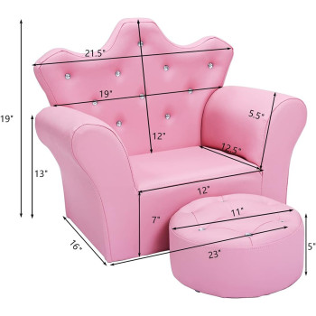 Costzon Kids Sofa, PU Leather Princess Sofa With Embedded Crystal, Upholstered Armchair With Ottoman, Perfect For Girls (Pink/ Sofa With Ottoman)