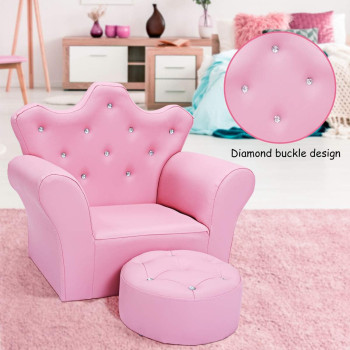 Costzon Kids Sofa, PU Leather Princess Sofa With Embedded Crystal, Upholstered Armchair With Ottoman, Perfect For Girls (Pink/ Sofa With Ottoman)