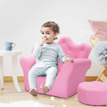 Costzon Kids Sofa, PU Leather Princess Sofa With Embedded Crystal, Upholstered Armchair With Ottoman, Perfect For Girls (Pink/ Sofa With Ottoman)