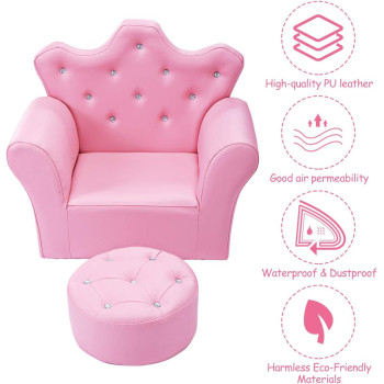 Costzon Kids Sofa, PU Leather Princess Sofa With Embedded Crystal, Upholstered Armchair With Ottoman, Perfect For Girls (Pink/ Sofa With Ottoman)
