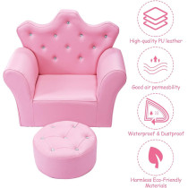 Costzon Kids Sofa, PU Leather Princess Sofa With Embedded Crystal, Upholstered Armchair With Ottoman, Perfect For Girls (Pink/ Sofa With Ottoman)