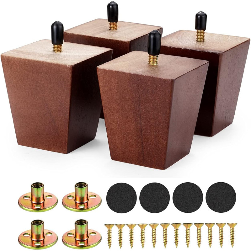 Maricome 3 Inch Wood Sofa Legs For Furniture Set Of 4, Square Solid Replacement Wooden Furniture Feet With Mounting Plates Screw In