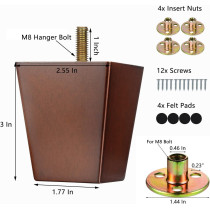 Maricome 3 Inch Wood Sofa Legs For Furniture Set Of 4, Square Solid Replacement Wooden Furniture Feet With Mounting Plates Screw In