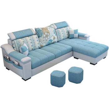 GST&GST L Shape Sofa 3 Seat Linen Living Room Sofa Set Home Furniture Modern Design Frame Soft Sponge Shape Home Furniture(Foot Ped + 2 Cloth Stool), B
